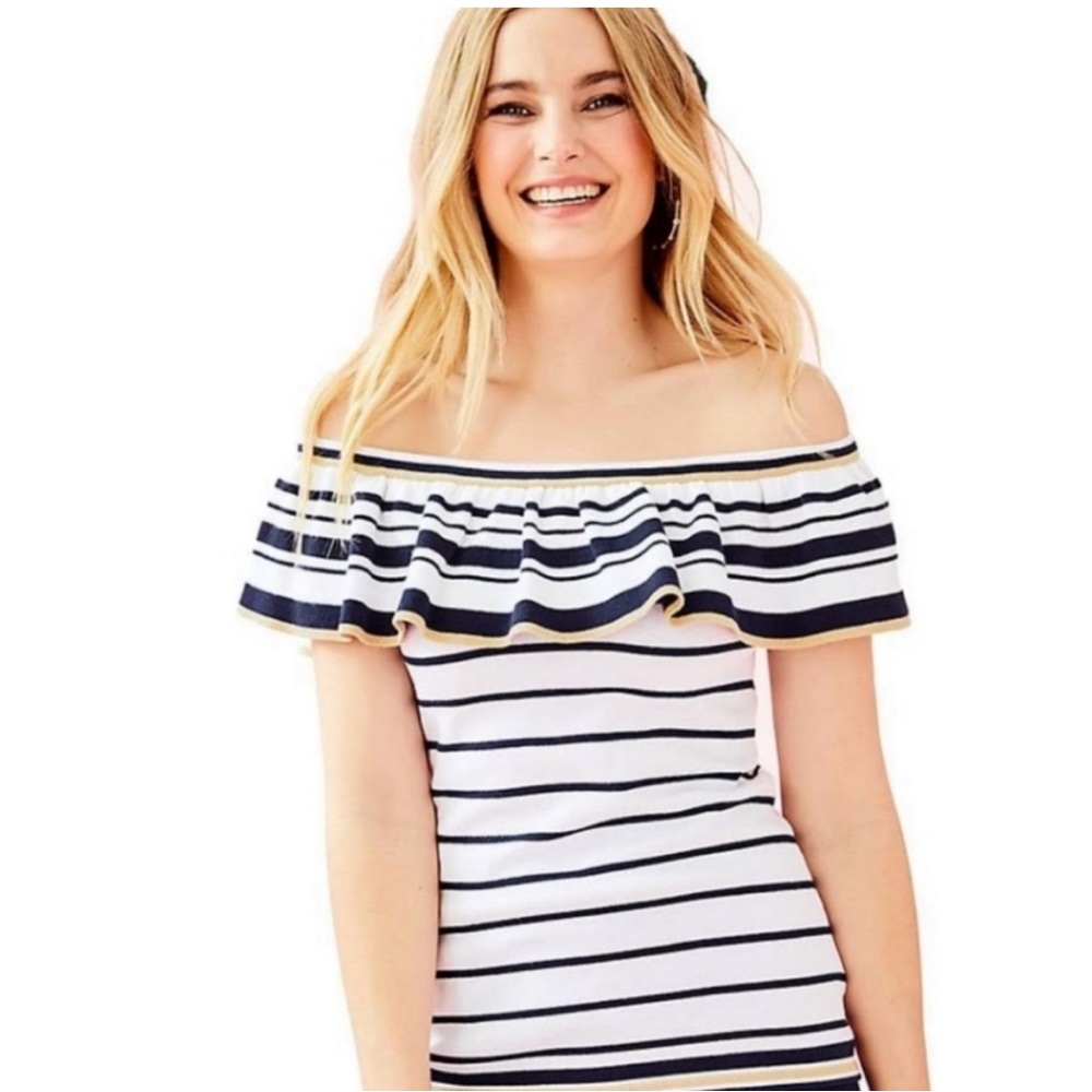 Lilly Pulitzer Women LargeWhite Multicolor Stripe Knit Off the Shoulder Perelle